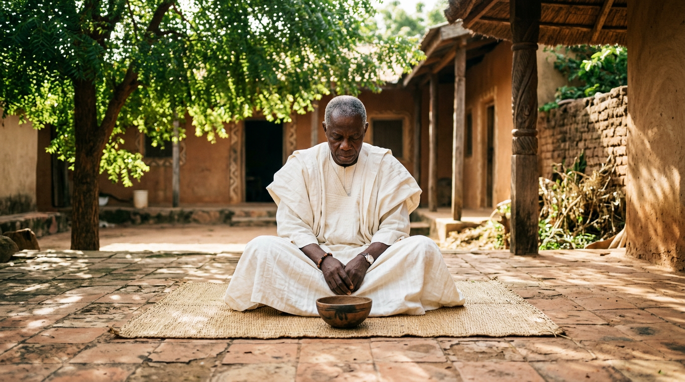 Person in white agbada seated in quiet reflection in a sunlit Yoruba courtyard.