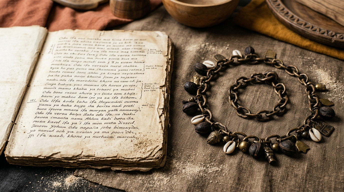 Bronze opele divining chain coiled beside an aged manuscript folio on linen cloth.