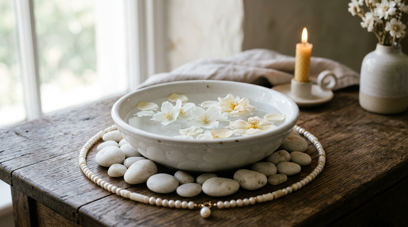 White ceramic bowl with flower petals and smooth stones on a wooden altar surface.