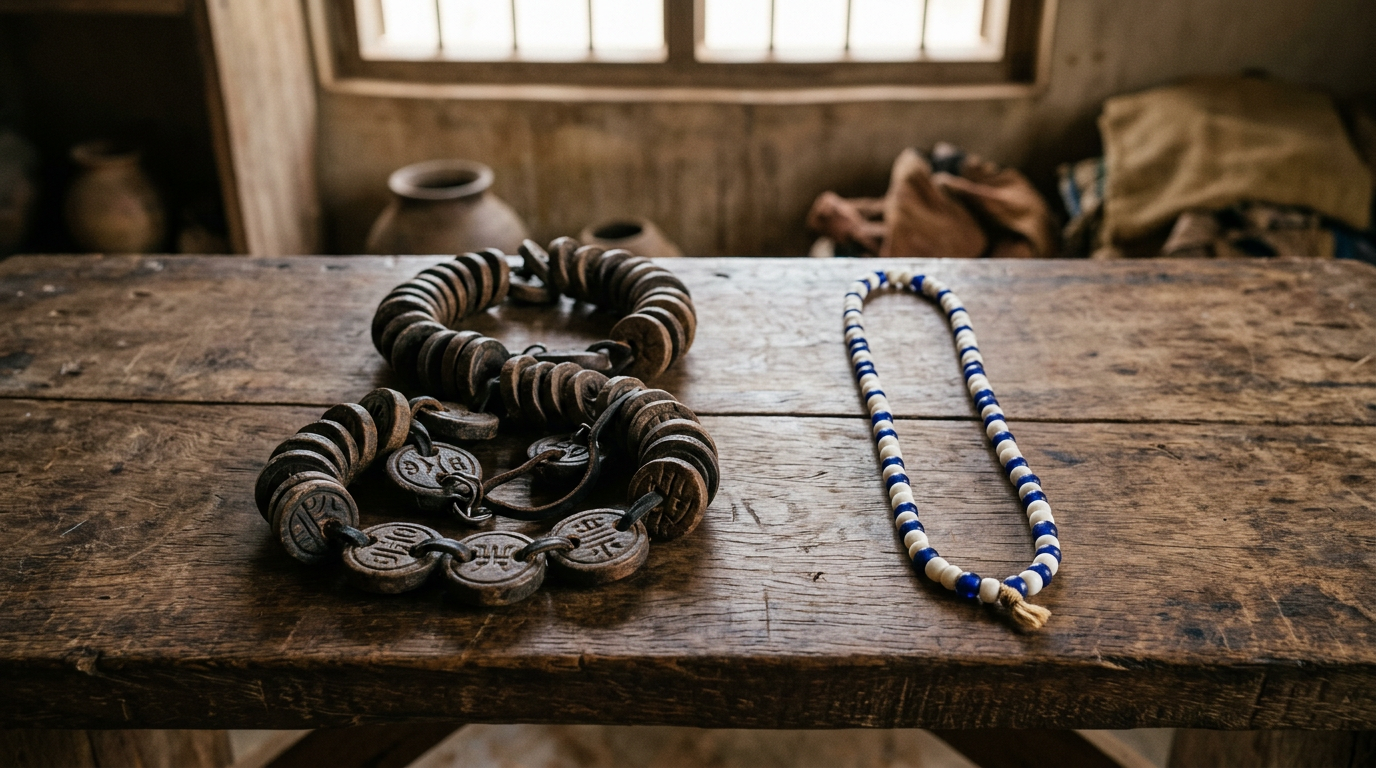 A wooden opele divining chain coiled beside a strand of white and blue beads on aged hardwood.