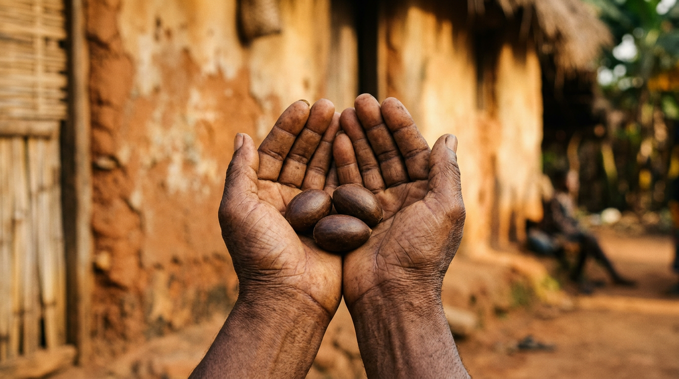 Weathered hands cupped around three smooth ikin palm nuts in soft warm light.