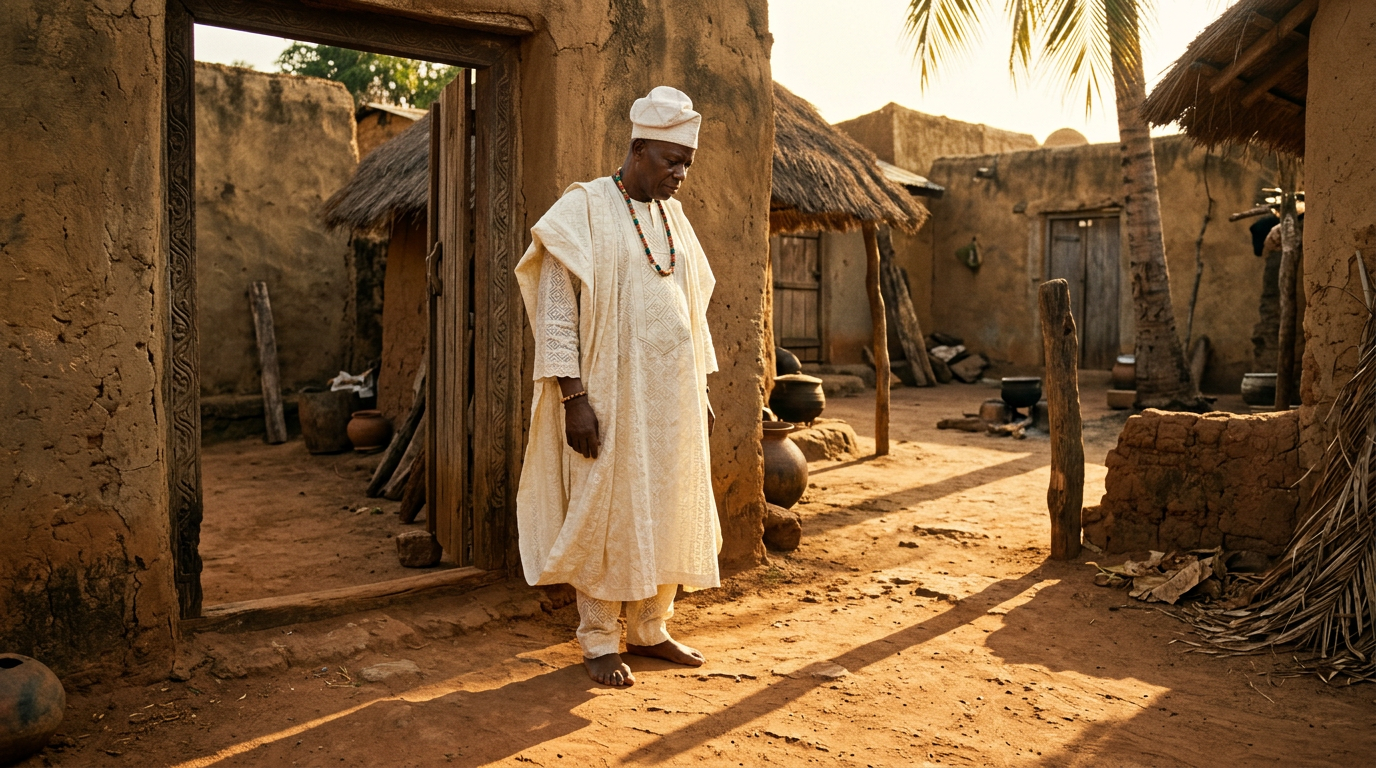 Person in white agbada standing in a sunlit courtyard, beaded necklace at the collar.