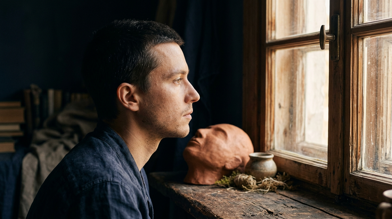 A human profile in warm sidelight beside a smooth terracotta clay form on aged wood.