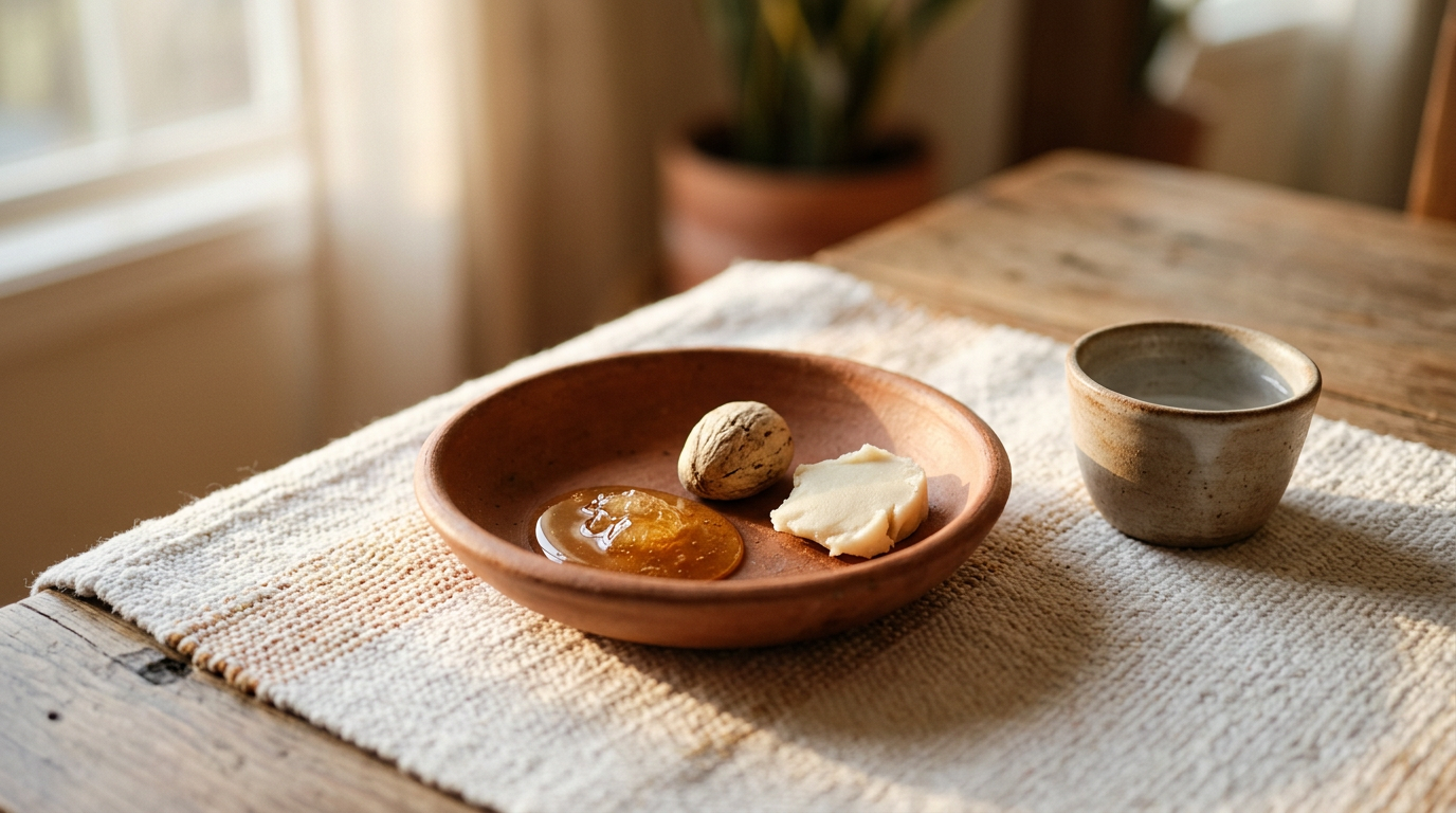 A shallow bowl holding honey, kola nut, and shea butter on white cloth beside a cup of water.