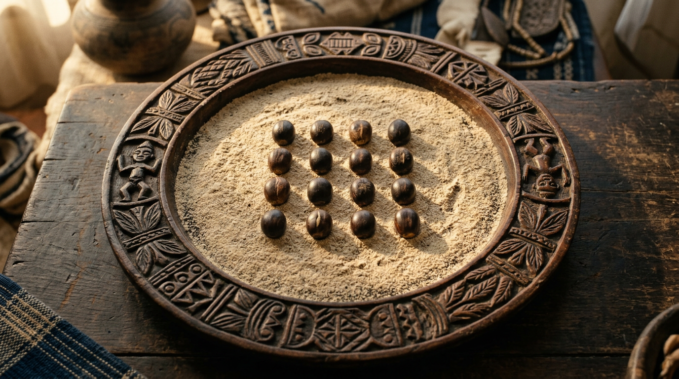 Overhead view of an Opon Ifá tray with iyerosun powder and sixteen ikin palm nuts arranged at center.
