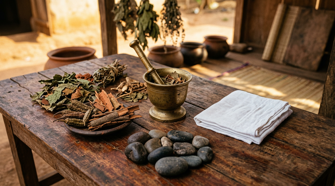 Dried medicinal leaves, river stones, a brass mortar, and folded white cloth on aged wood.
