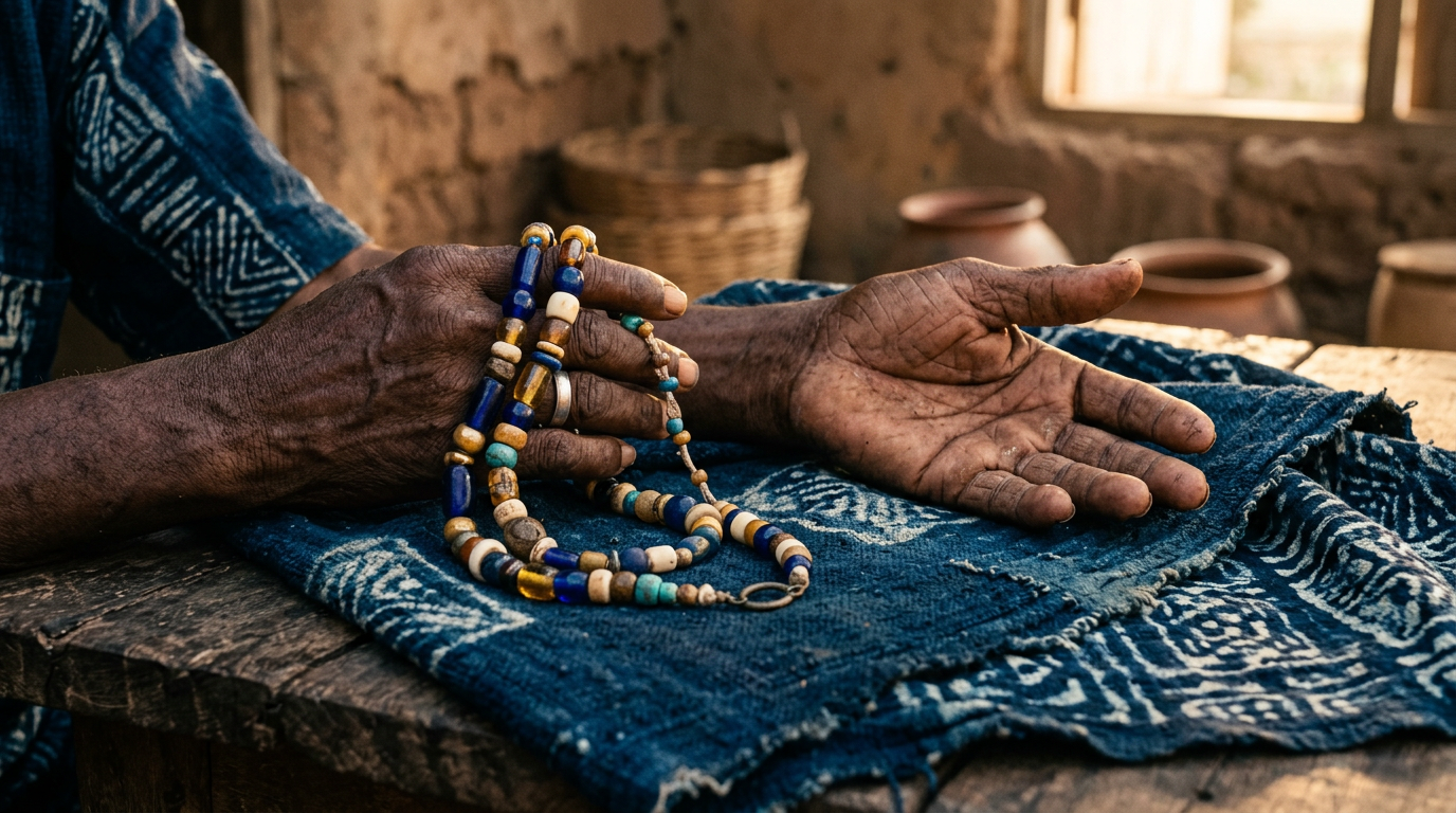 Aged hands resting on indigo cloth, one holding a strand of traditional Yoruba prayer beads.
