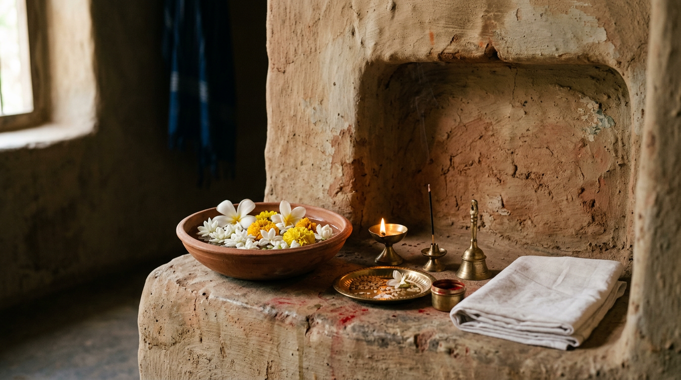 Household shrine alcove with terracotta bowl, white flowers, and brass ritual objects.