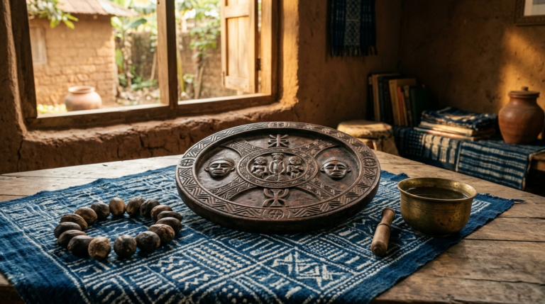 Opon Ifá tray with ikin palm nuts and a brass water vessel on woven indigo cloth.