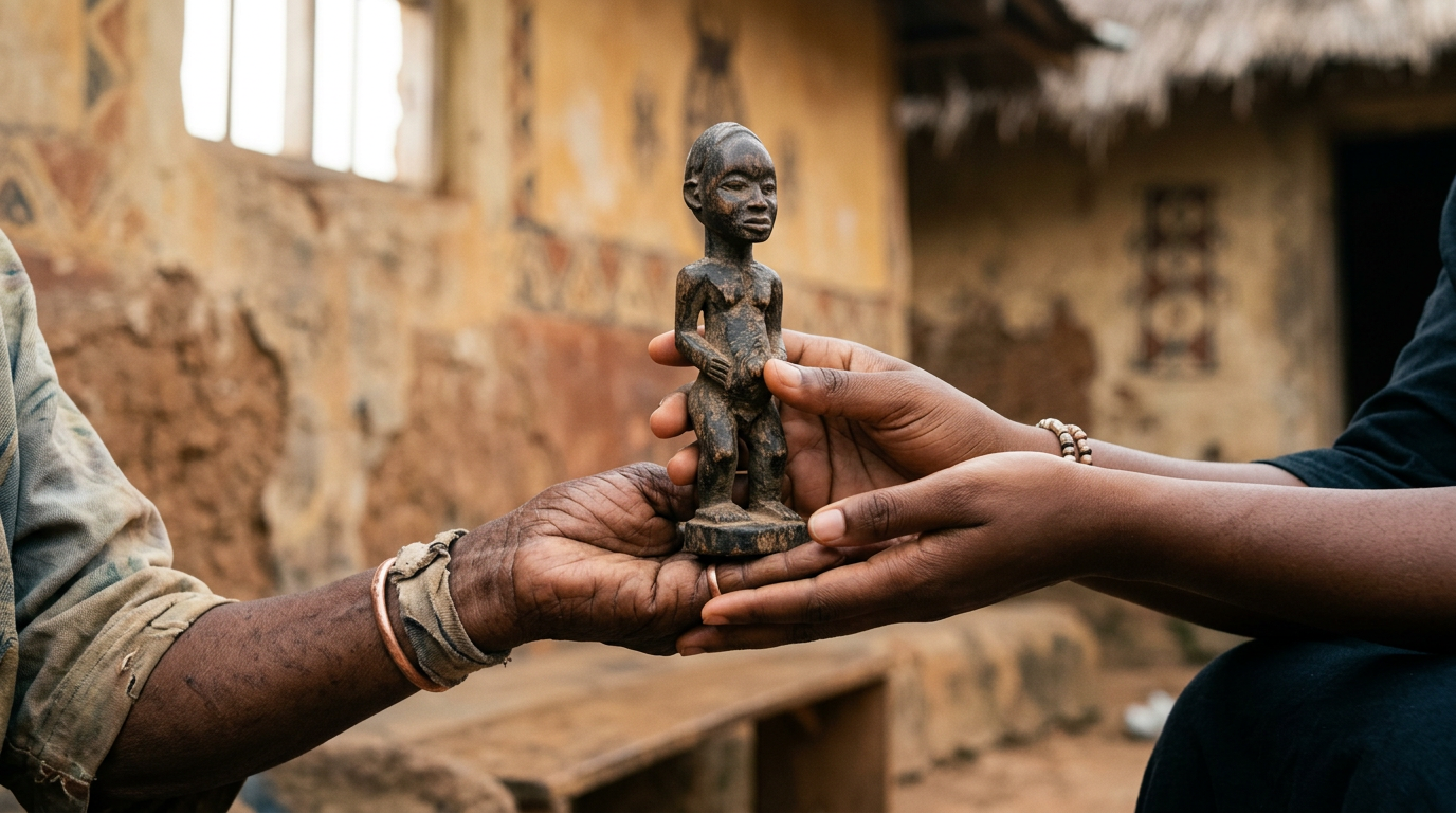 Elder and younger hands holding a small carved wooden figure inside a Yoruba compound.
