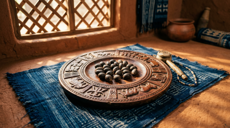Wooden Opon Ifá tray with sixteen ikin palm nuts on an indigo cloth in morning light.