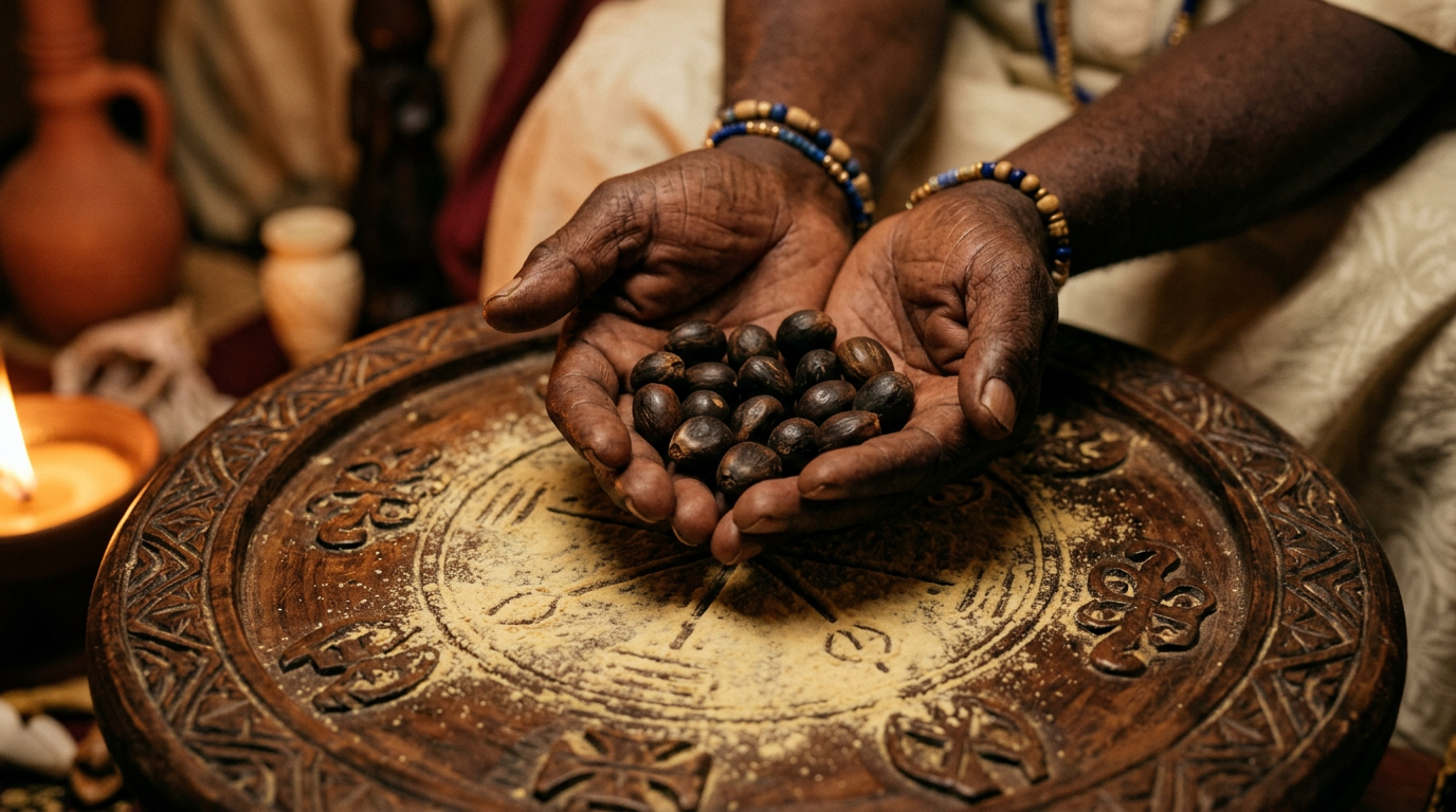 Babaláwo's hands cupping ikin palm nuts over a carved Opon Ifá tray dusted with iyerosun powder.