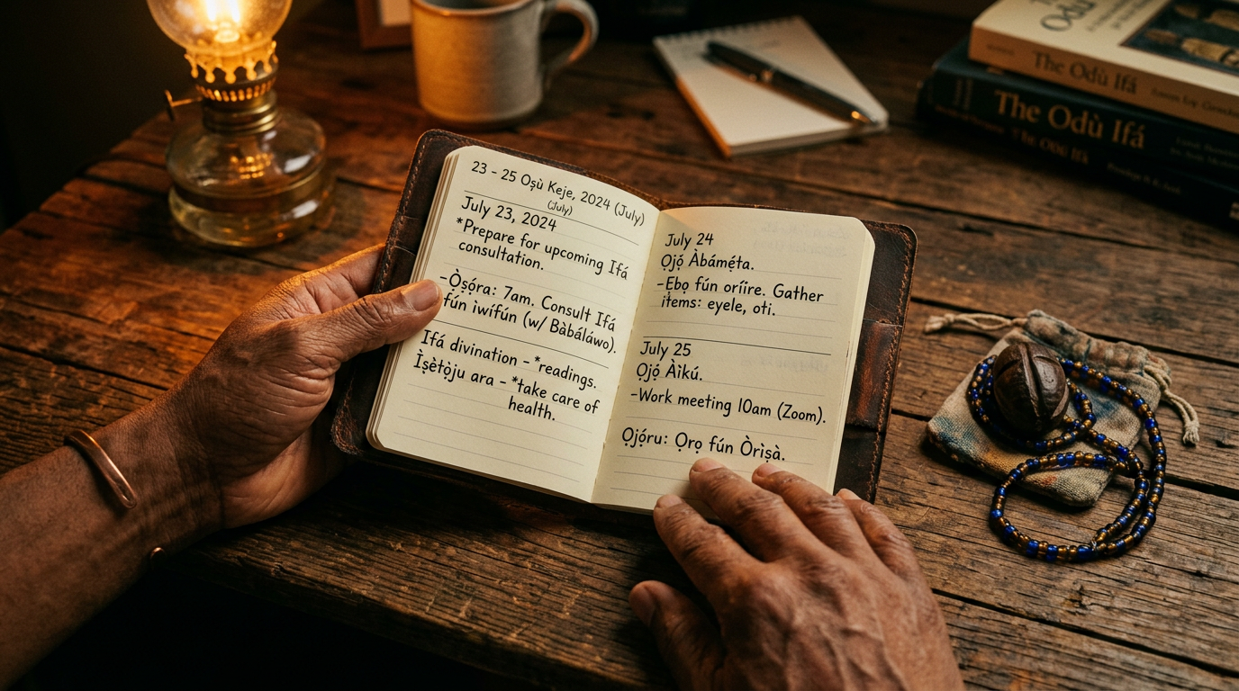 Hands holding a personal calendar with Yorùbá and English notes beside a small Ifá object on a wooden desk.