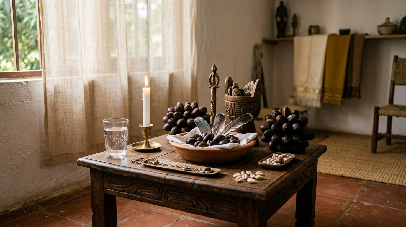 Personal Ifá shrine with carved vessel, glass of water, white candle, and ikin palm nuts on a wooden surface.