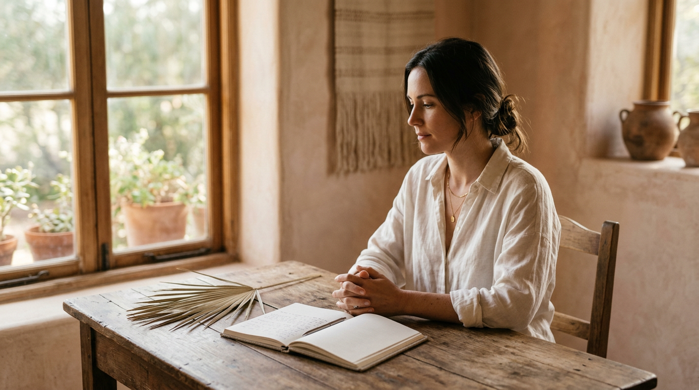 Person seated at a wooden table with an open notebook and palm frond in morning light.
