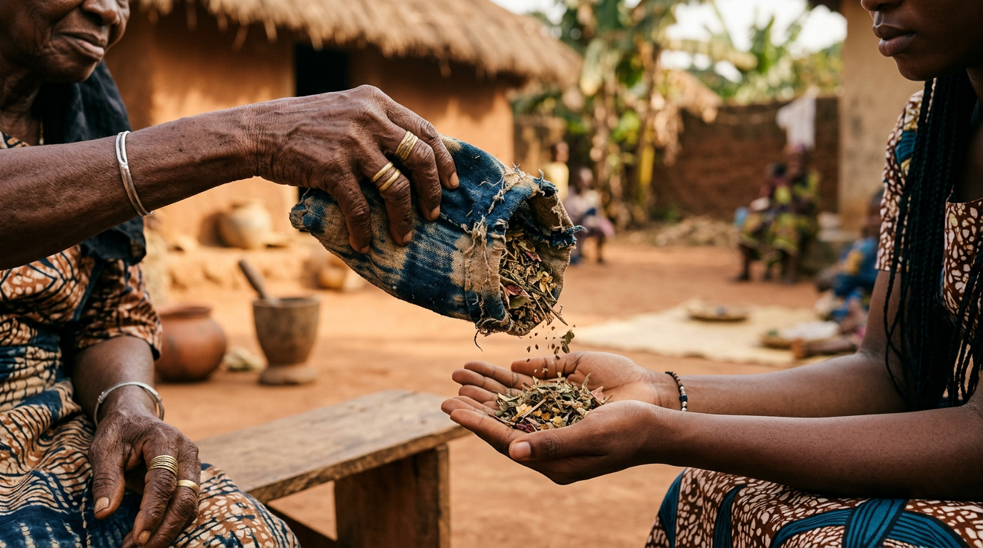 Elderly hands passing dried herbs into younger open palms in a sun-lit outdoor courtyard.