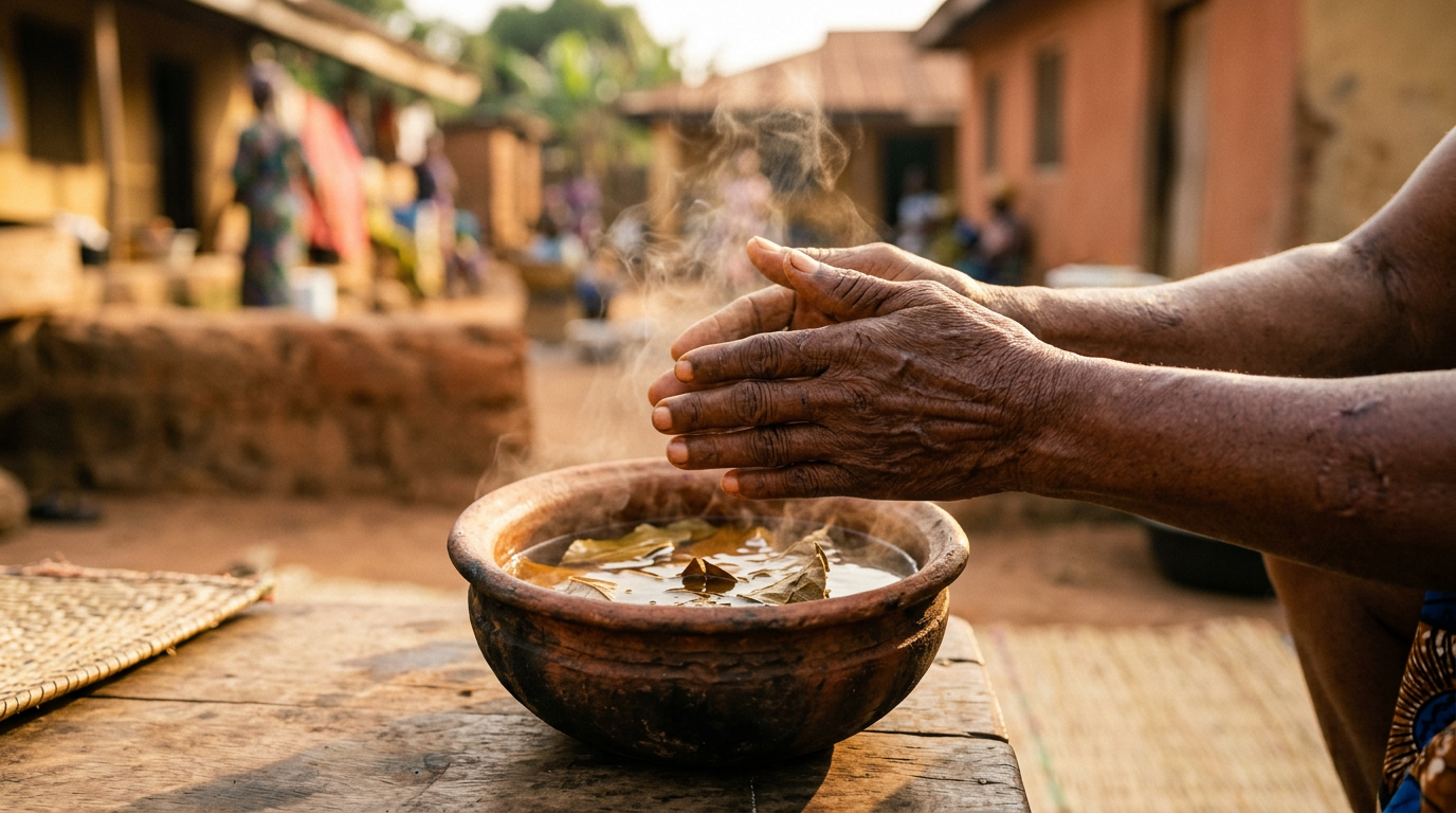 Weathered hands held above a steaming earthen pot of herb-infused water, leaves visible on the surface.