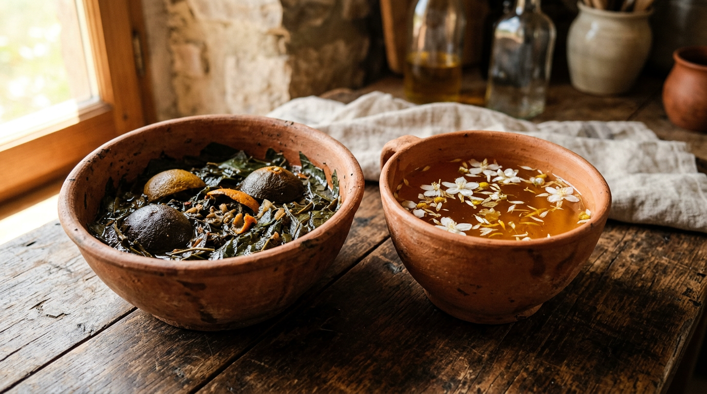 Two clay vessels side by side, one with dark leafy water and citrus, one with golden water and white petals.