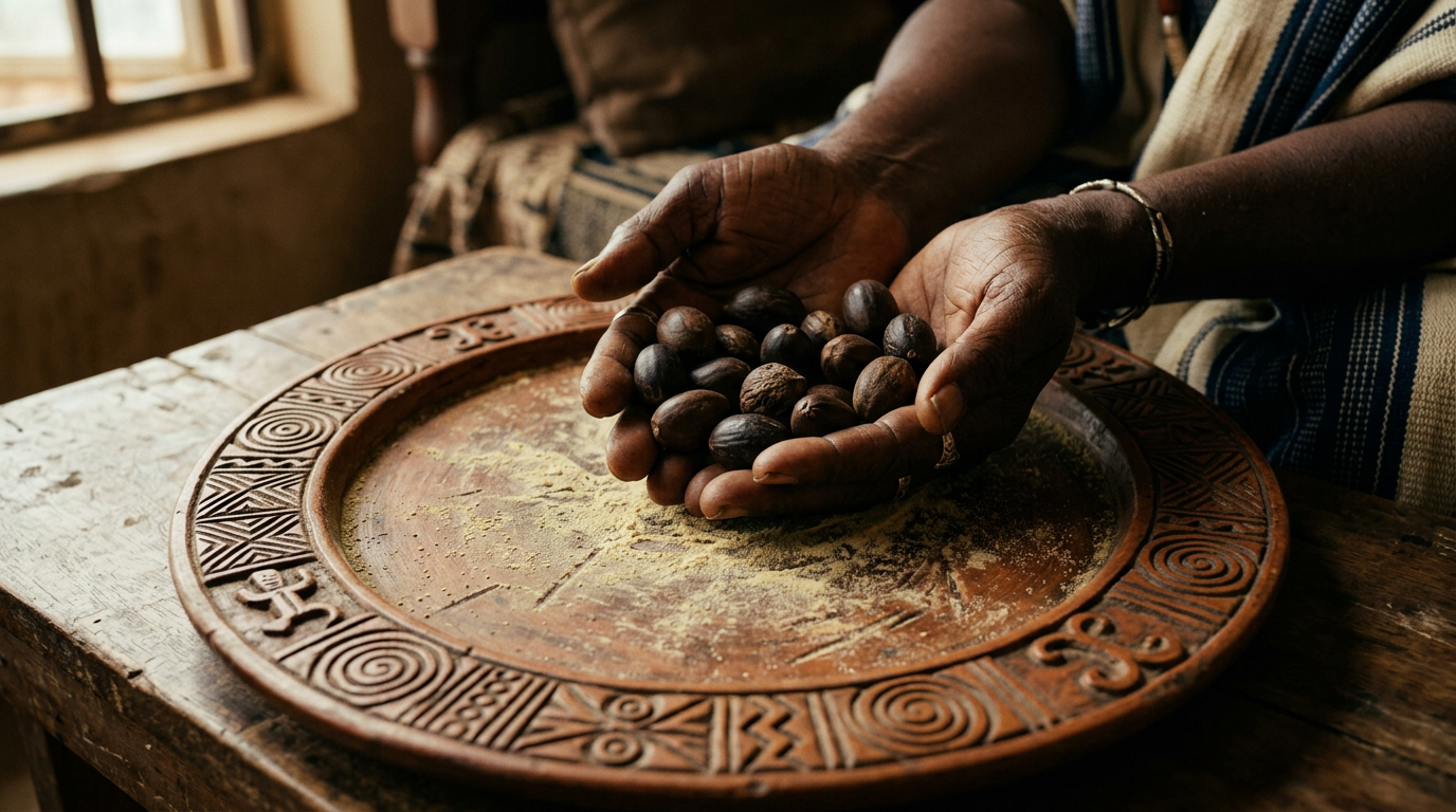 Cupped hands holding ikin palm nuts over a carved Opon Ifá tray dusted with iyerosun powder.