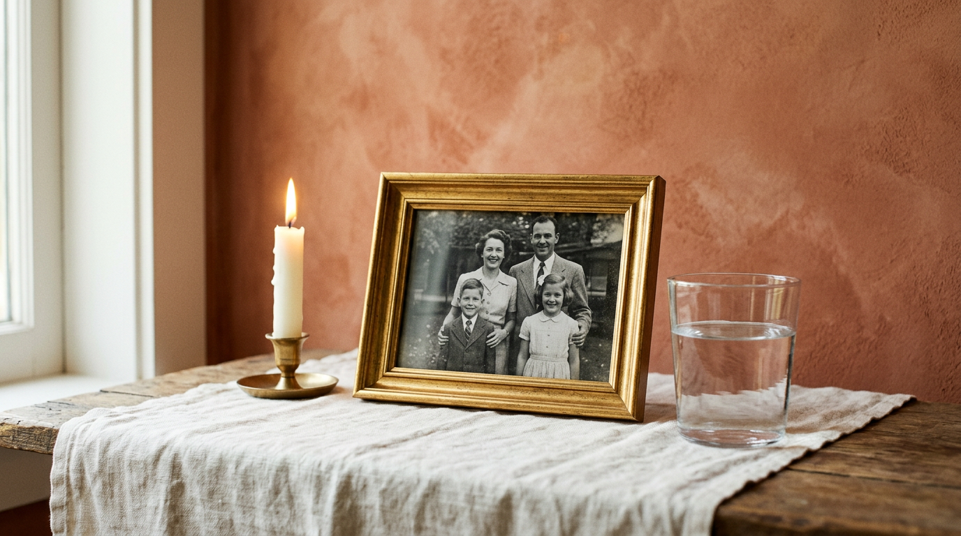 A simple ancestor altar with a glass of water, white candle, and framed family photograph on white cloth.