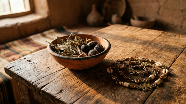 Clay bowl of dried leaves, palm nuts, and a brass divination chain on aged wood.