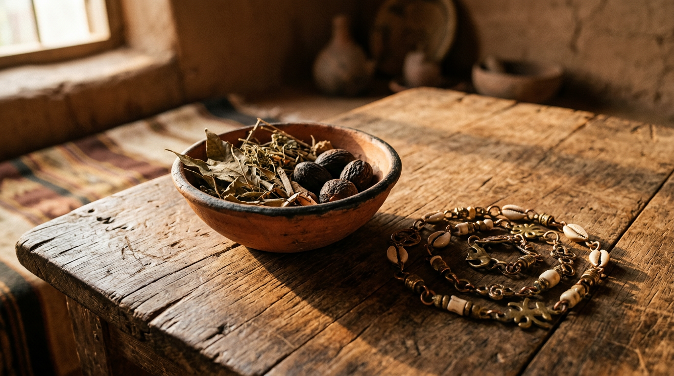 Clay bowl of dried leaves, palm nuts, and a brass divination chain on aged wood.
