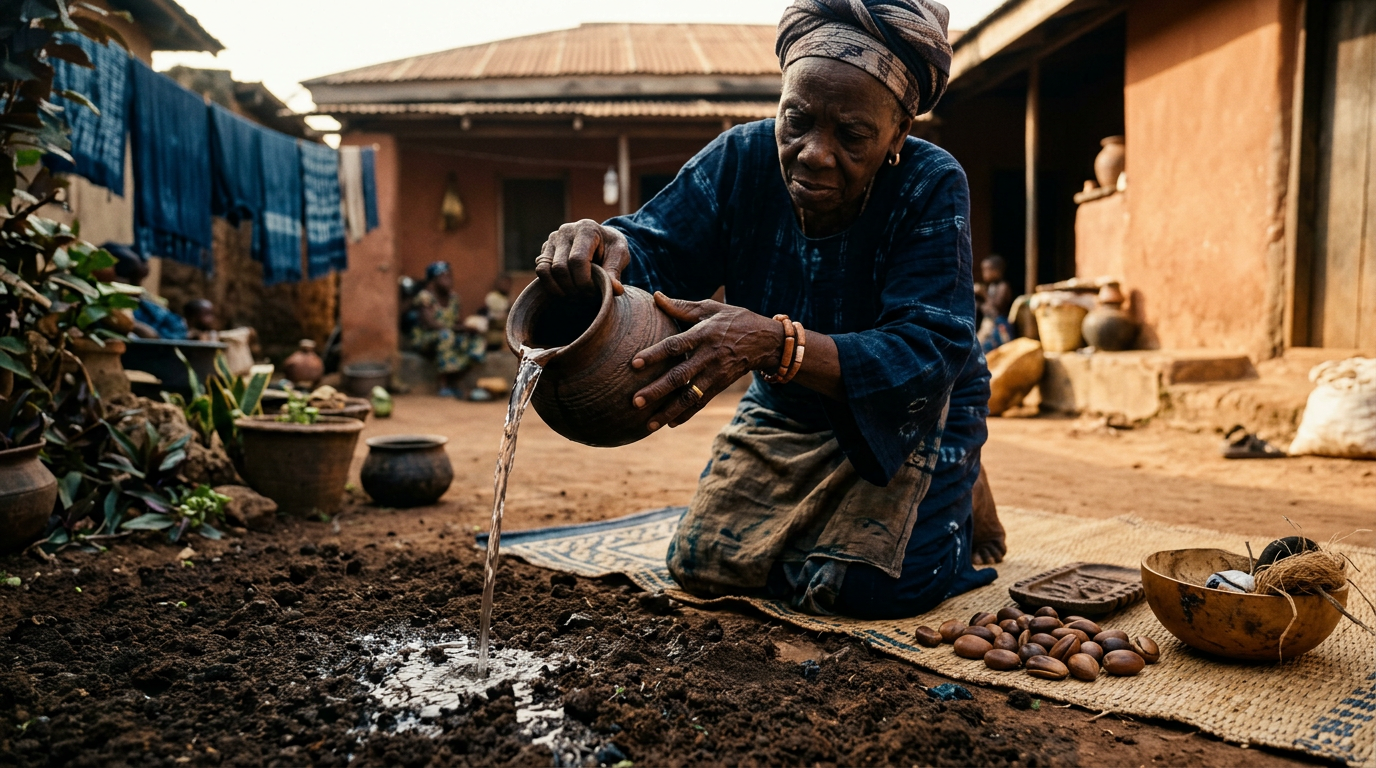 Elder's hands pouring water libation from a clay vessel onto earth in a courtyard setting.