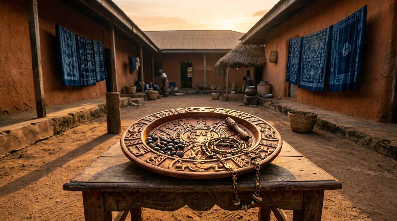 Opon Ifá divination tray with ikin palm nuts and opele chain on a wooden table in a Yoruba compound courtyard.