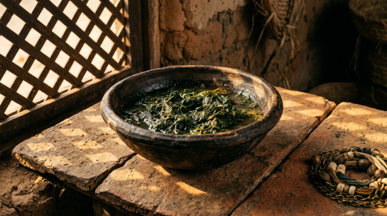 Clay bowl of crushed green leaves and water on terracotta tile beside a coiled opele divination chain.