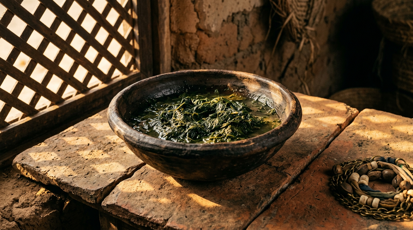 Clay bowl of crushed green leaves and water on terracotta tile beside a coiled opele divination chain.