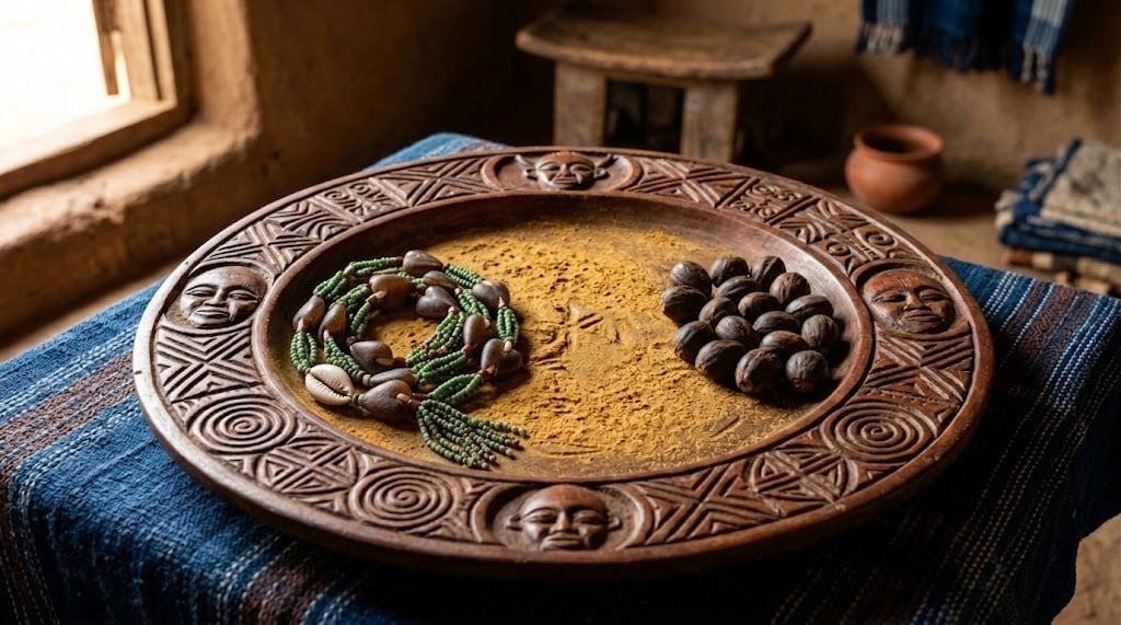 Carved divination tray with yellow powder, an eight-segment chain, and sixteen palm nuts on indigo cloth.