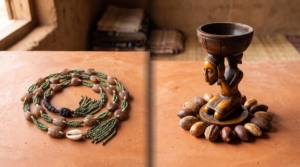 Divination chain and Agere Ifá vessel with palm nuts placed side by side on a terracotta surface.
