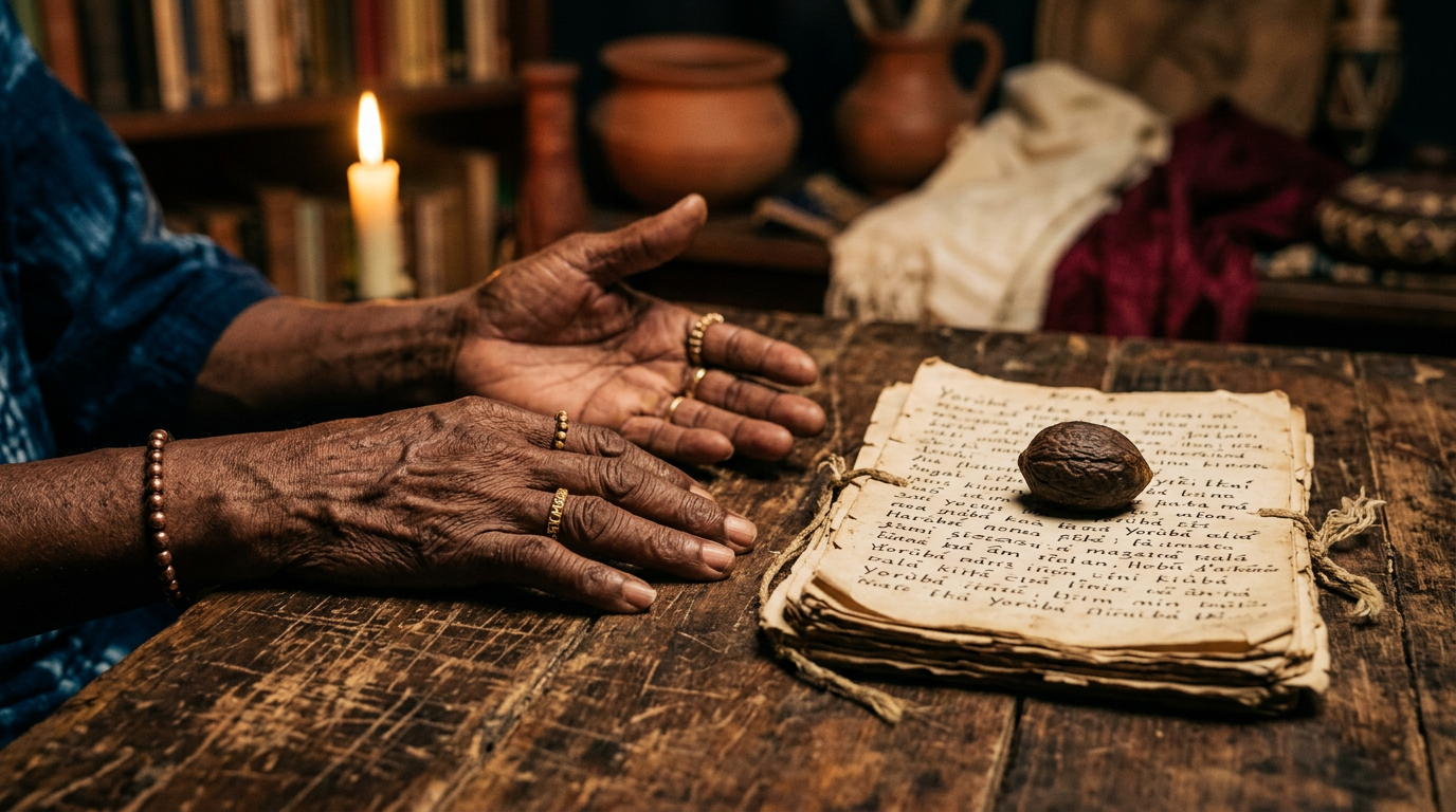 Elder hands resting beside handwritten Yorùbá script pages with a single ikin palm nut placed on top.