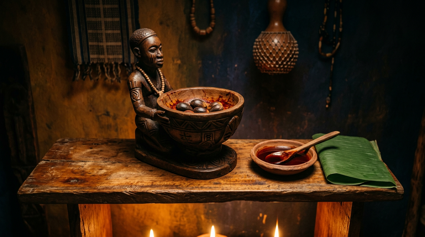 Carved Agere Ifá vessel with palm nuts beside a small dish of palm oil and a folded leaf on a wooden shelf.