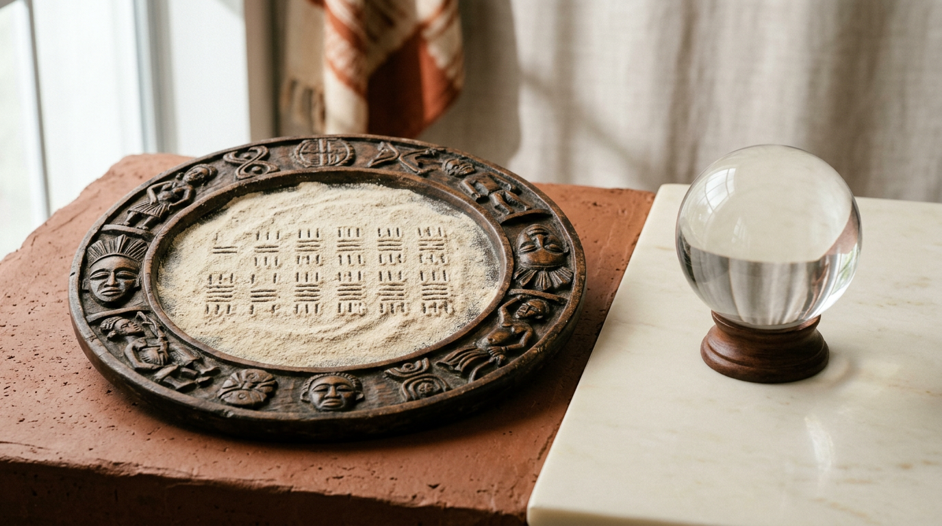 An Opon Ifá tray with binary marks in iyerosun powder beside an empty crystal ball on a linen surface.