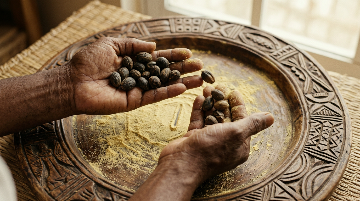 Hands holding palm nuts above a powder-dusted divination tray with a single vertical mark drawn in the surface.