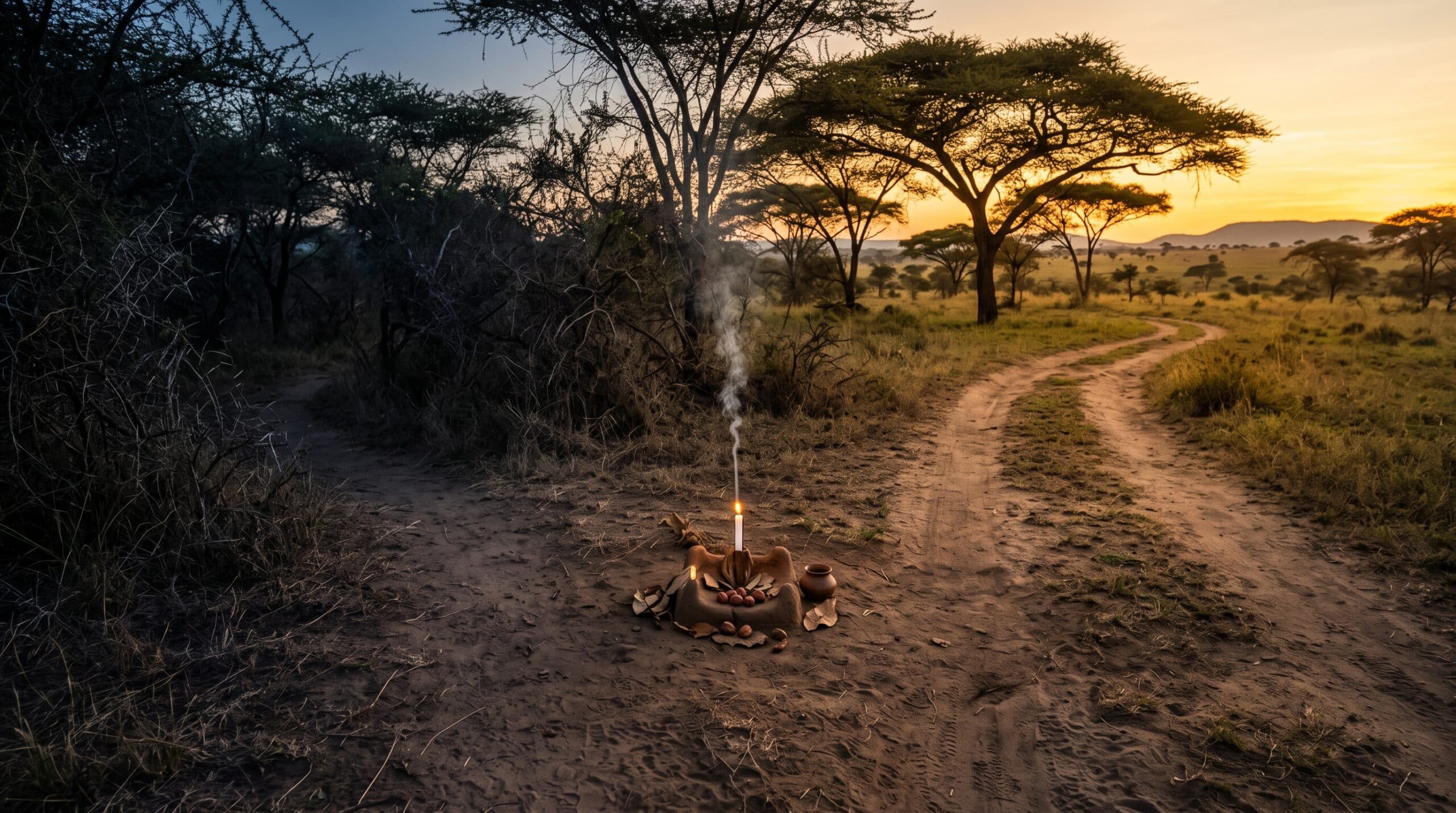 Ogbe Irete guidance August 17 2026 — forked path with altar at the crossroads, Ifá Weekly Guidance