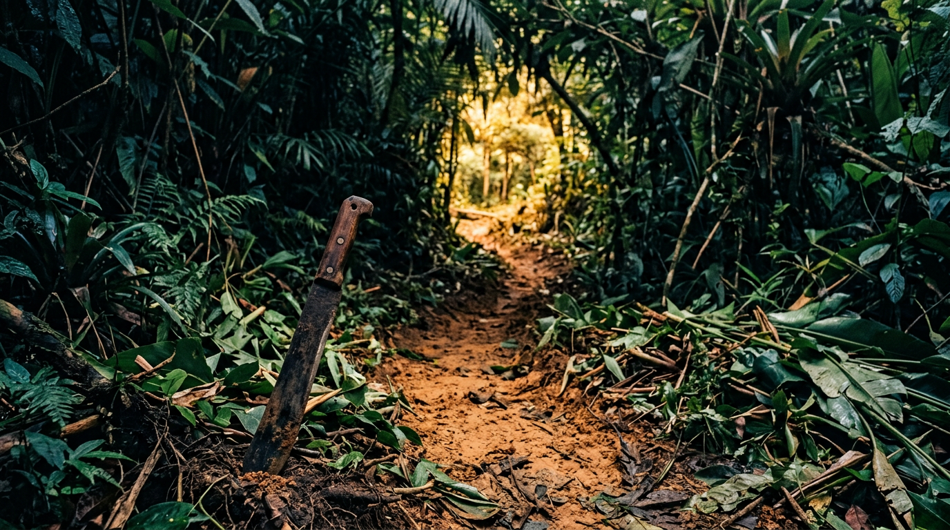Freshly cleared path through dense tropical forest with an iron machete planted at the entrance.