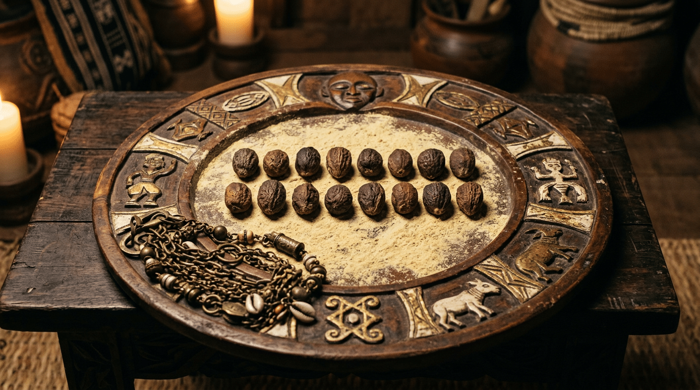 Ikin palm nuts arranged on an Opon Ifá tray with iyerosun powder and an opele chain alongside.