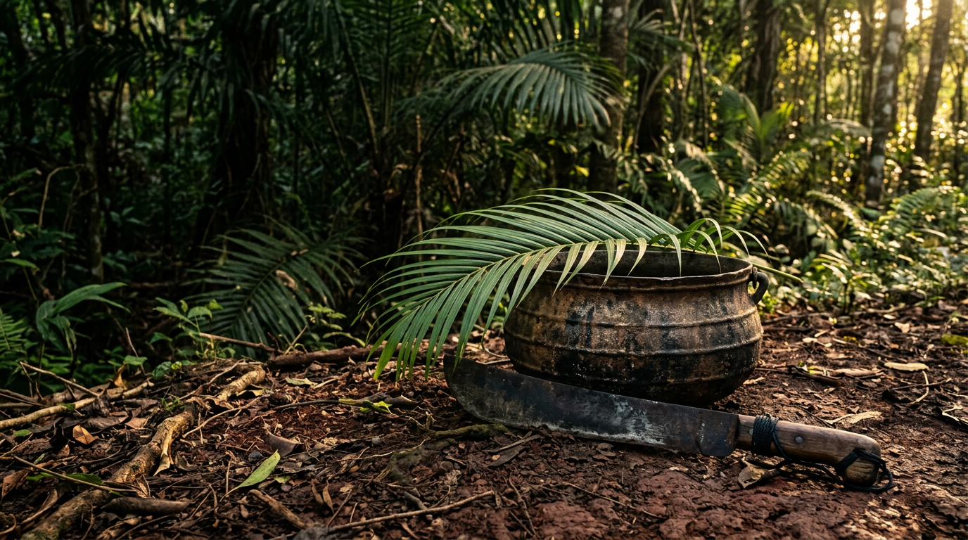 Iron machete and cauldron at the edge of a forest thicket, lit by warm afternoon light.