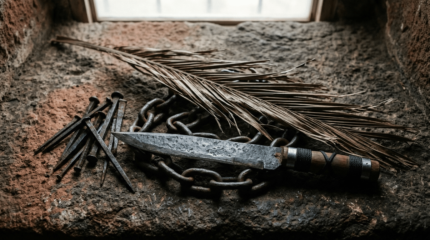 Iron blade, chain, nails, and palm frond arranged as sacred objects on rough stone in natural light.