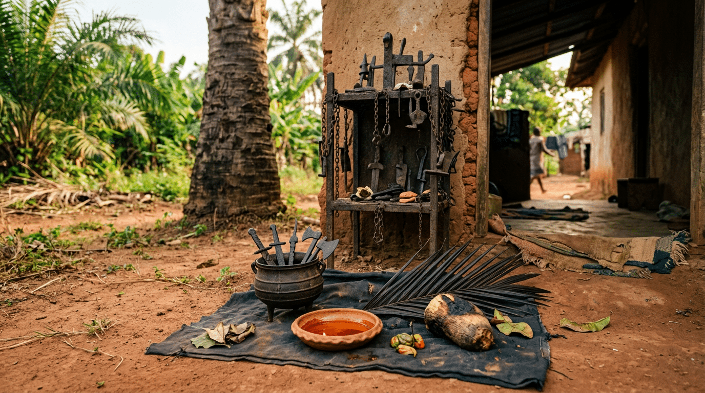Small iron cauldron shrine at an outdoor threshold with palm oil, roasted yam, and a palm frond offering.