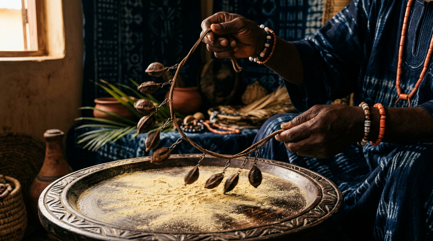 A diviner's hands casting an Opele chain over an iyerosun-dusted wooden divination tray.