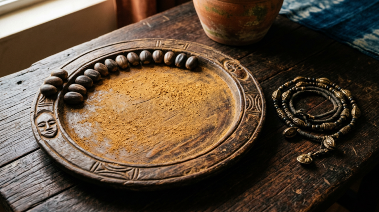 Opon Ifá tray dusted with iyerosun powder, ikin palm nuts arranged at the rim, and an Opele chain beside it.