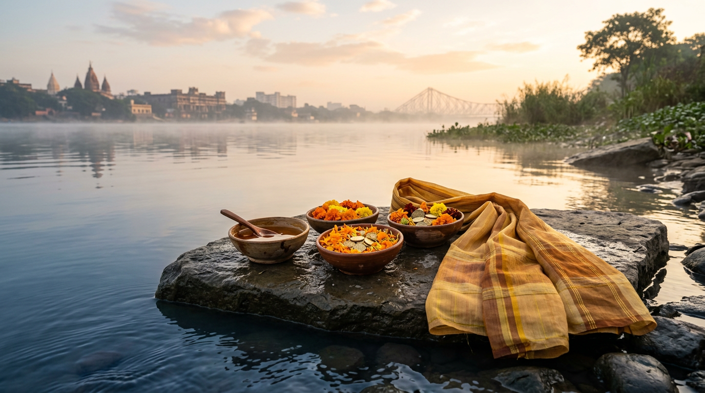 Three ceramic bowls of honey, petals, and coins arranged as river offerings on a rock at dawn, yellow cloth beside them.
