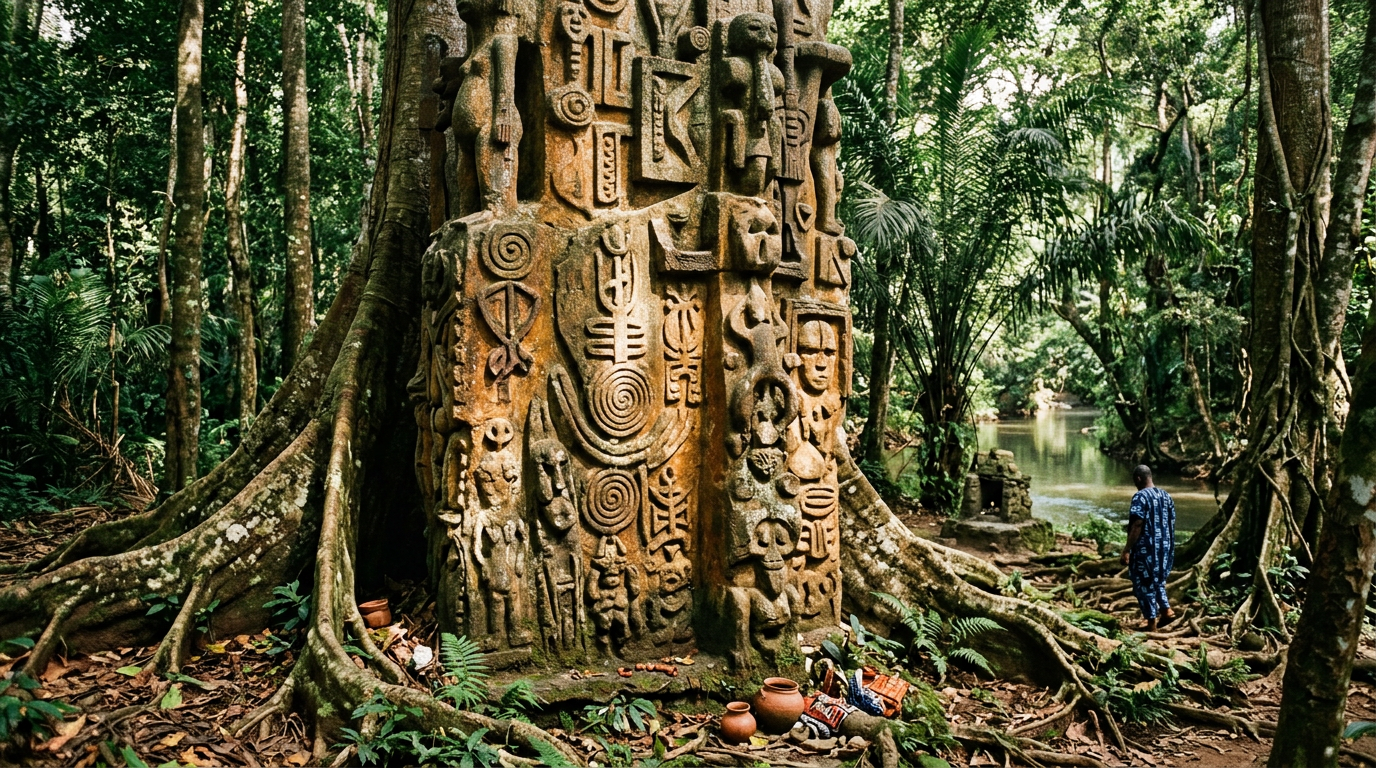 Monumental carved shrine sculpture in a sacred forest grove, flanked by buttress roots with a river visible through trees behind.