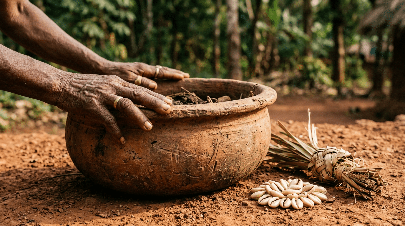 Weathered hands resting beside a clay pot, cowrie shells, and dried palm fronds on red earth near a forest edge.