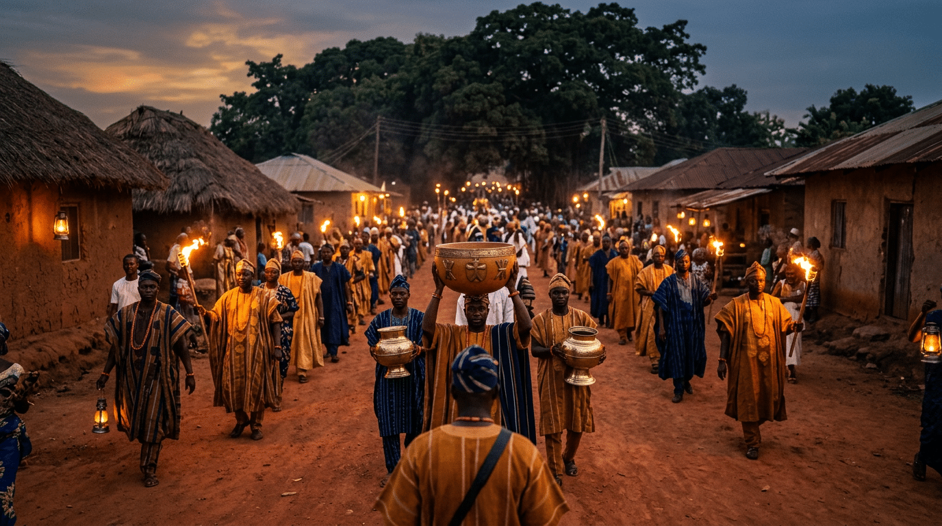 Ceremonial procession along a laterite road at dusk, participants in amber cloth carrying carved calabash and brass vessels.