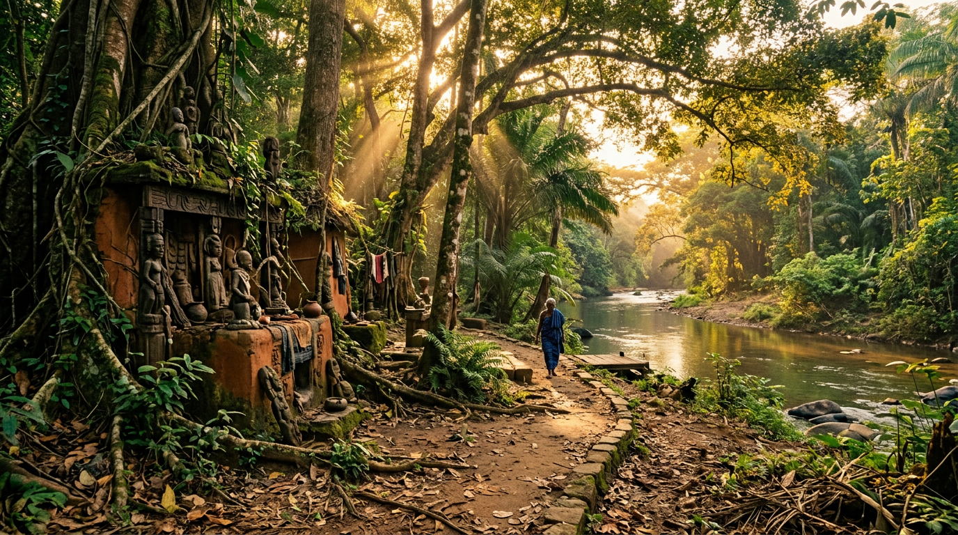 Sunlit sacred forest clearing with terracotta shrines beside a calm river, shafts of amber light through dense canopy.