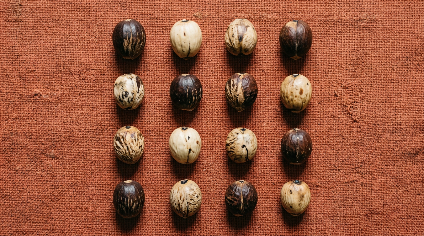 Sixteen ikin palm nuts arranged in a four-by-four grid on terracotta cloth, each nut casting a small shadow.